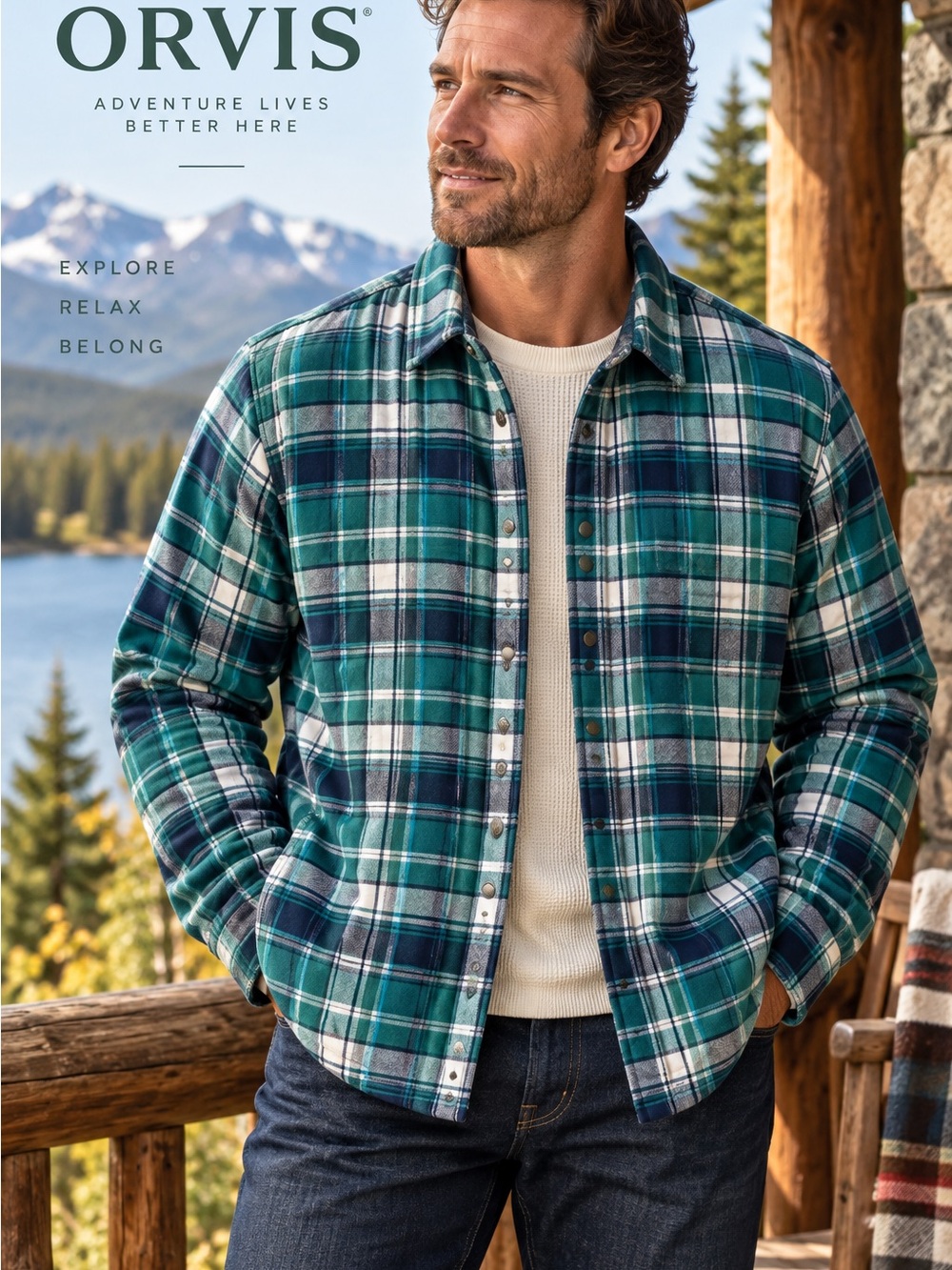 Orvis Men’s XL Plaid Shirt Jacket Shacket Snap Front Teal Navy Cotton